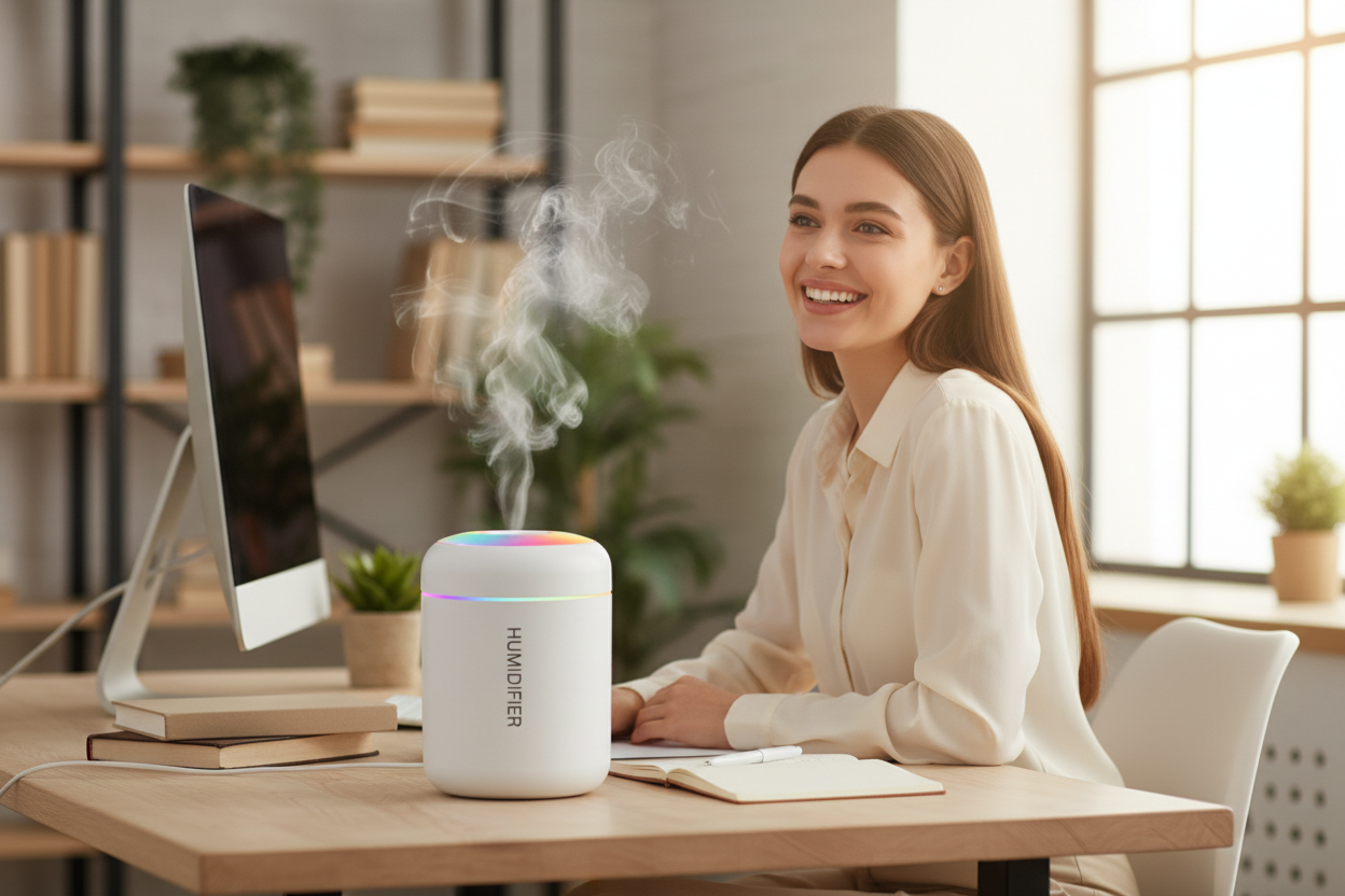 Femme au bureau avec humidificateur Bruma